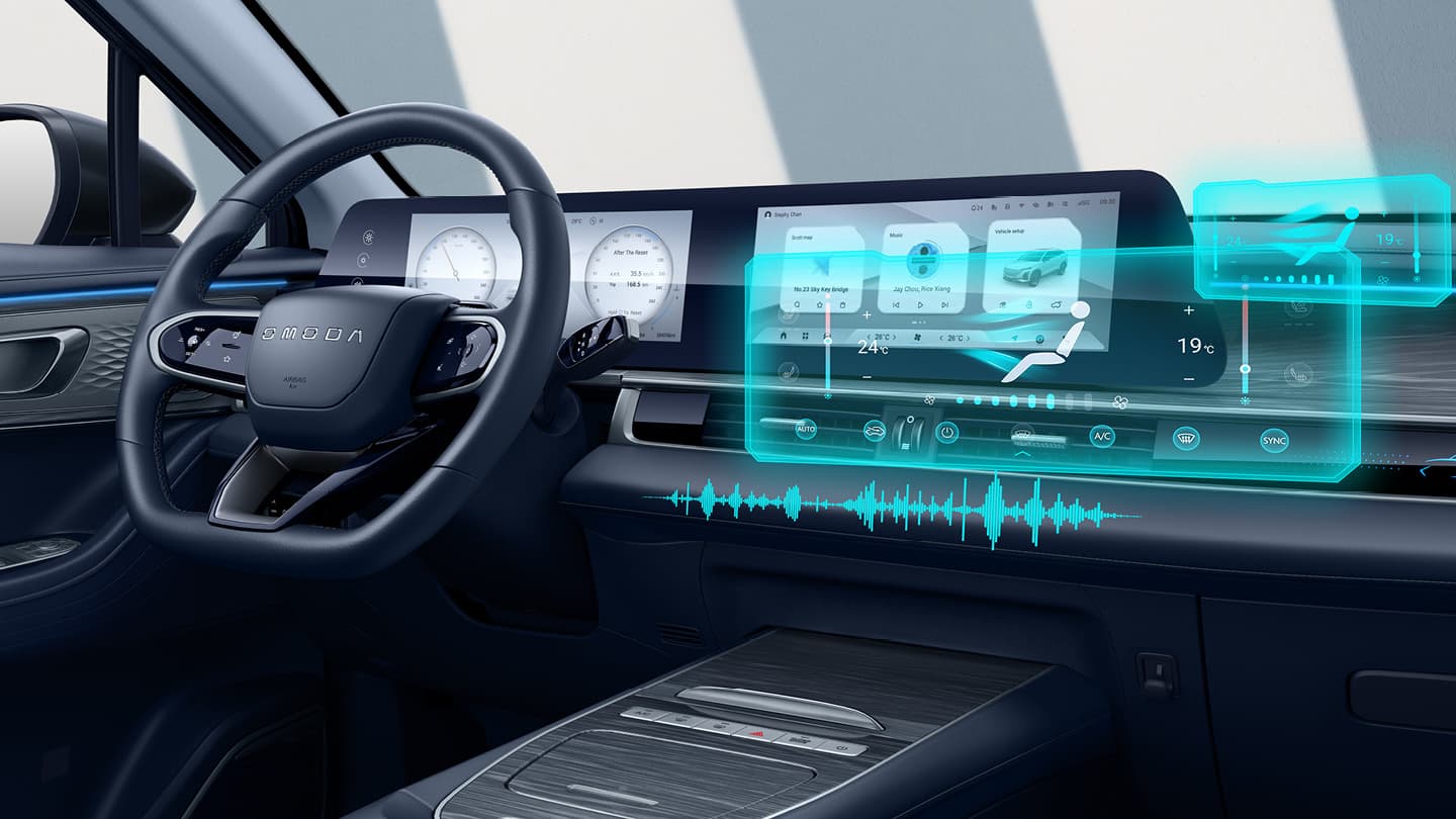 Interiør i OMODA 5 EV med grafik der illustrerer klimaanlæg