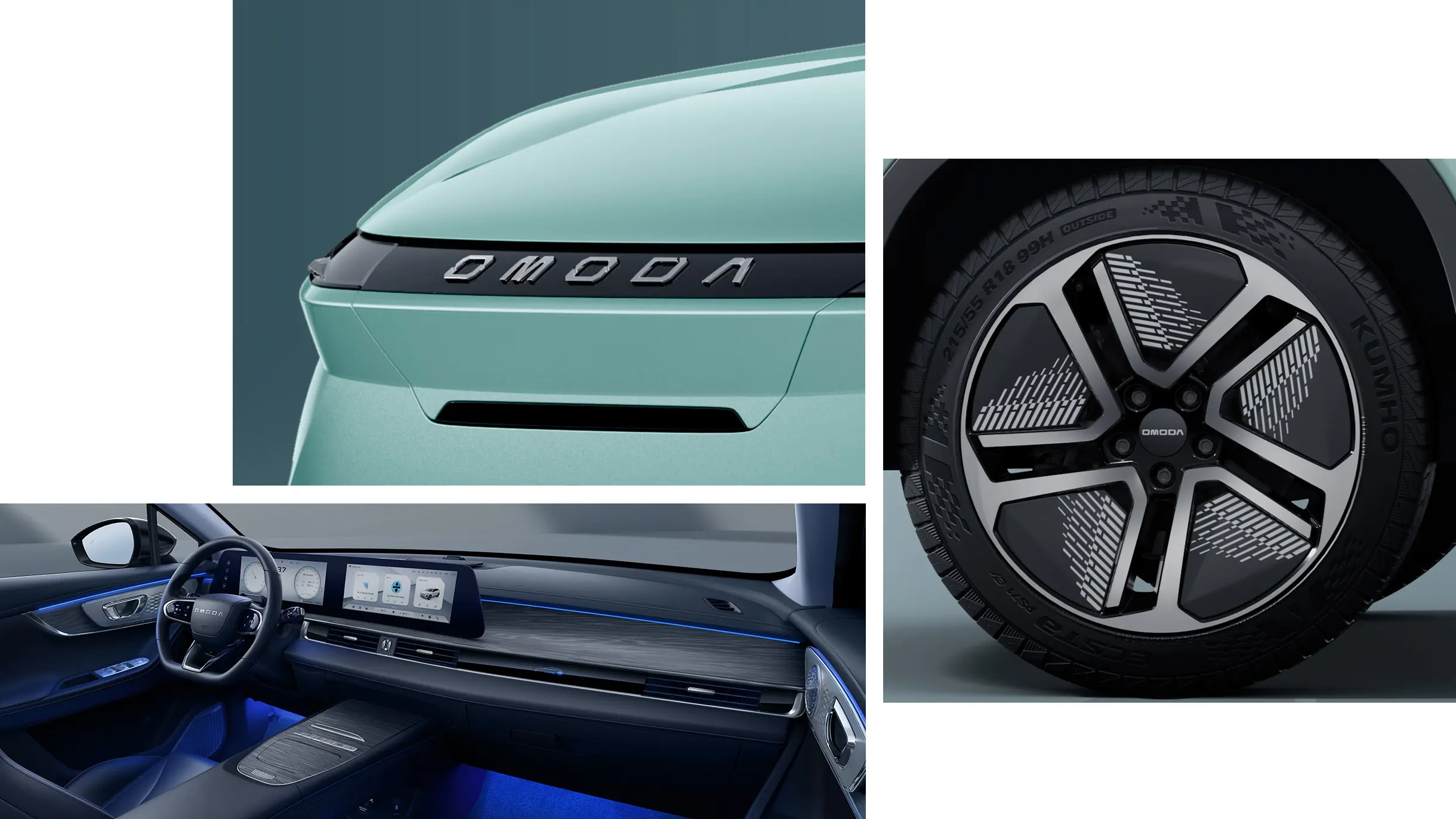 OMODA 5 EV sammensat billeder med interiør, fælg og forende