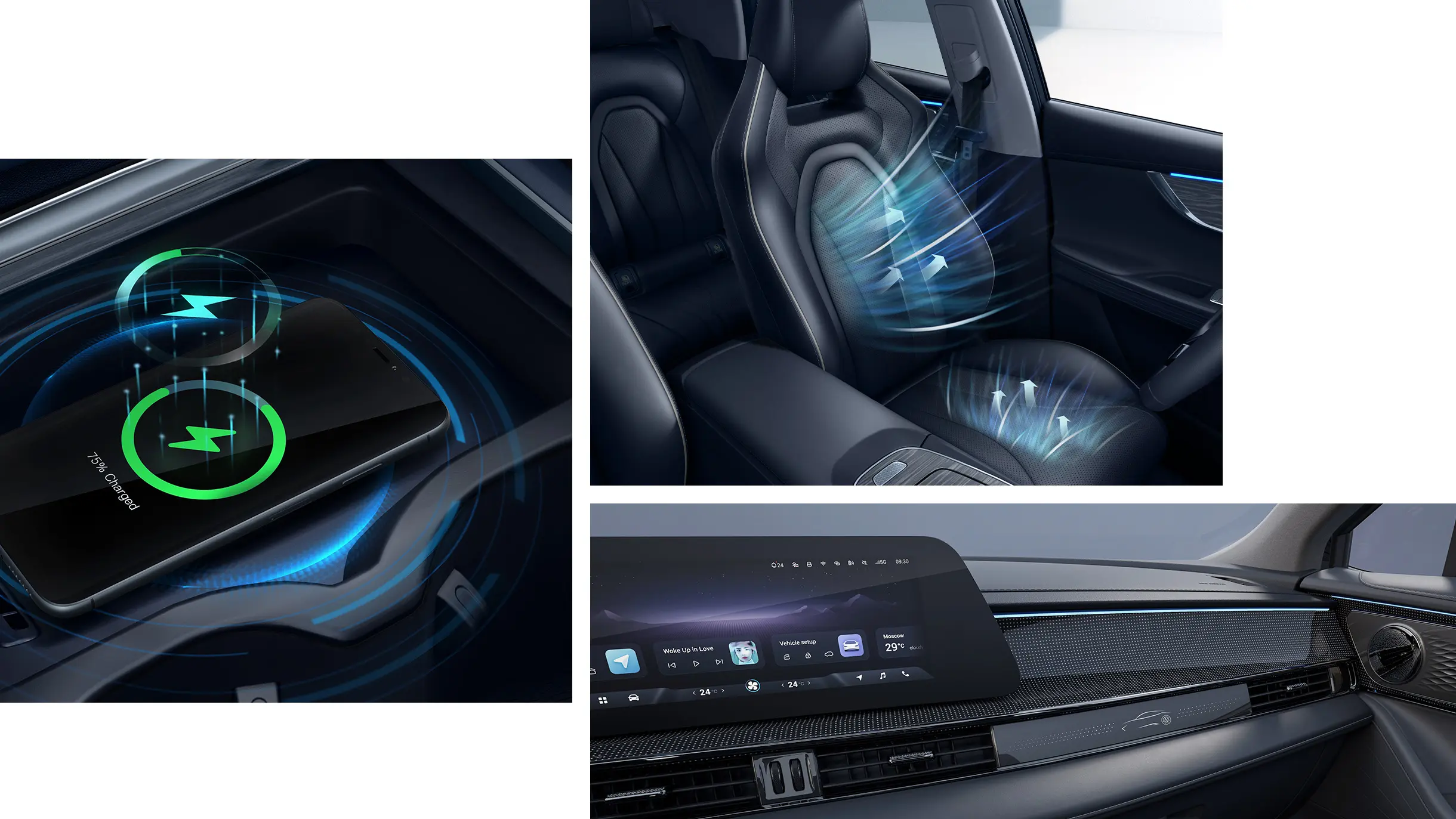 OMODA 5 EV sammensat billede med trådløs opladning, ventilerede sæder og touchskærm