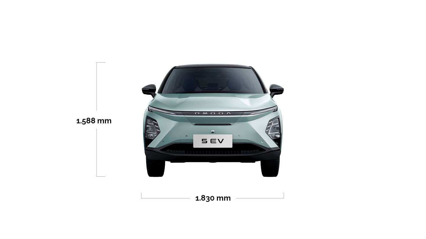 OMODA 5 EV set forfra med dimensionerne 1.588 mm højde og 1.830 mm bredde