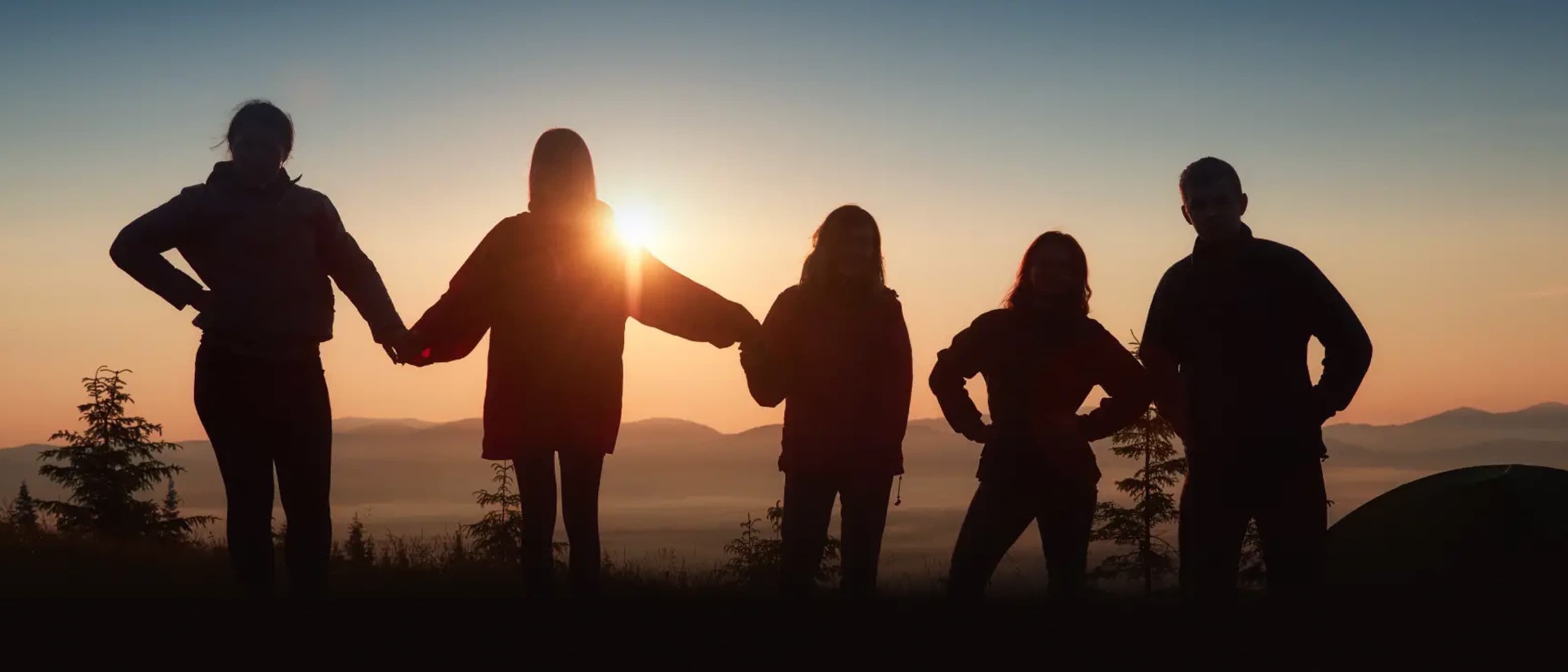 5 personer står med ryggen til og ser på solnedgang