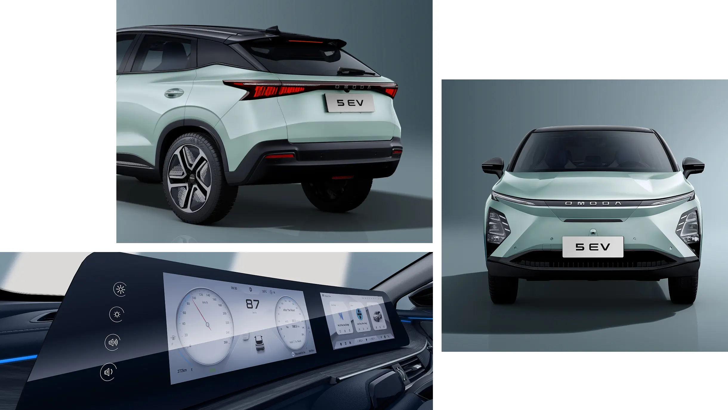 OMODA 5 EV sammensat billede med digital instrumentering, forende og bagende