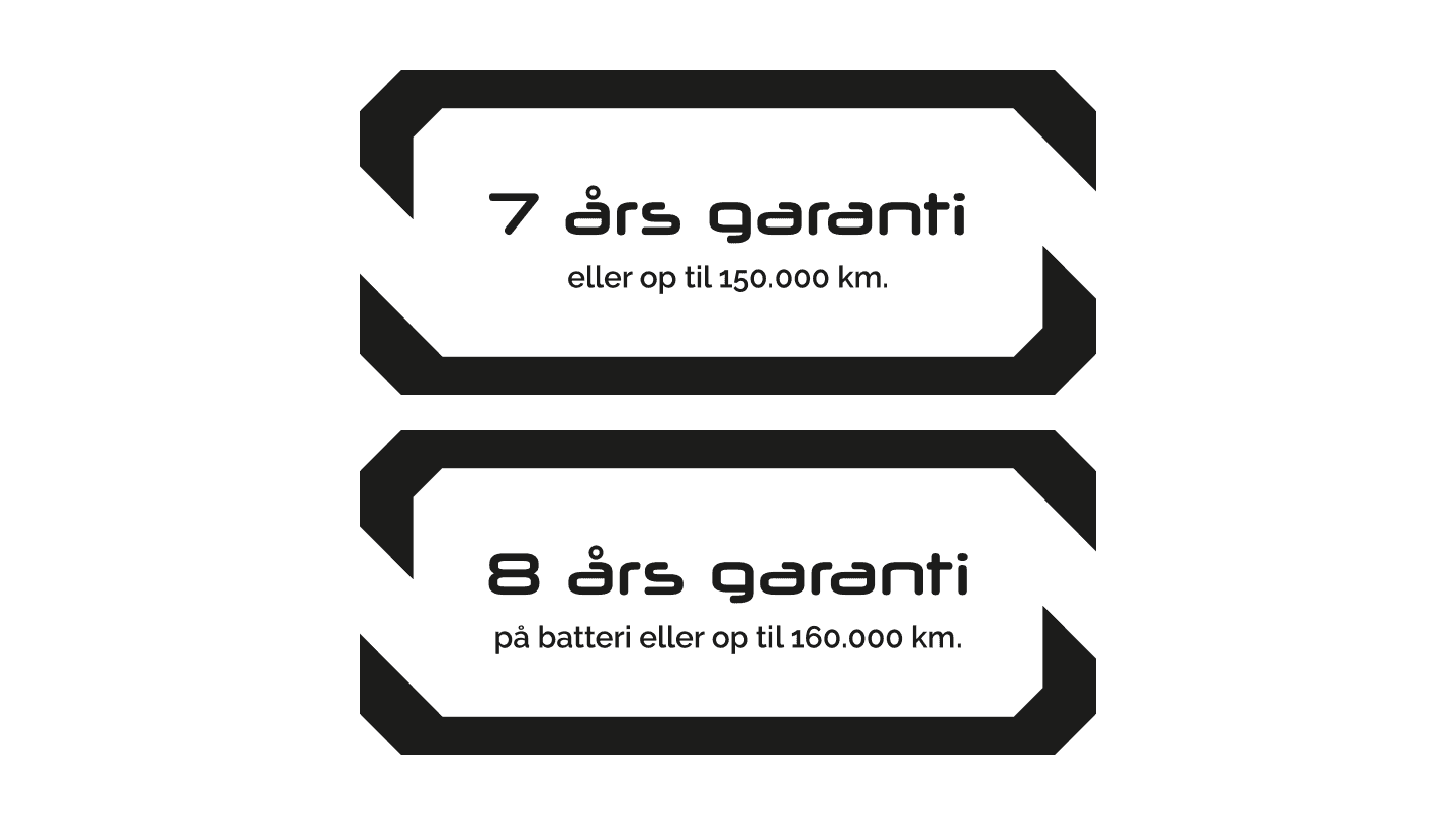 OMODA logo for 8 års garanti på batteri eller op til 160.000 km og 7 års garanti eller op til 150.000 km